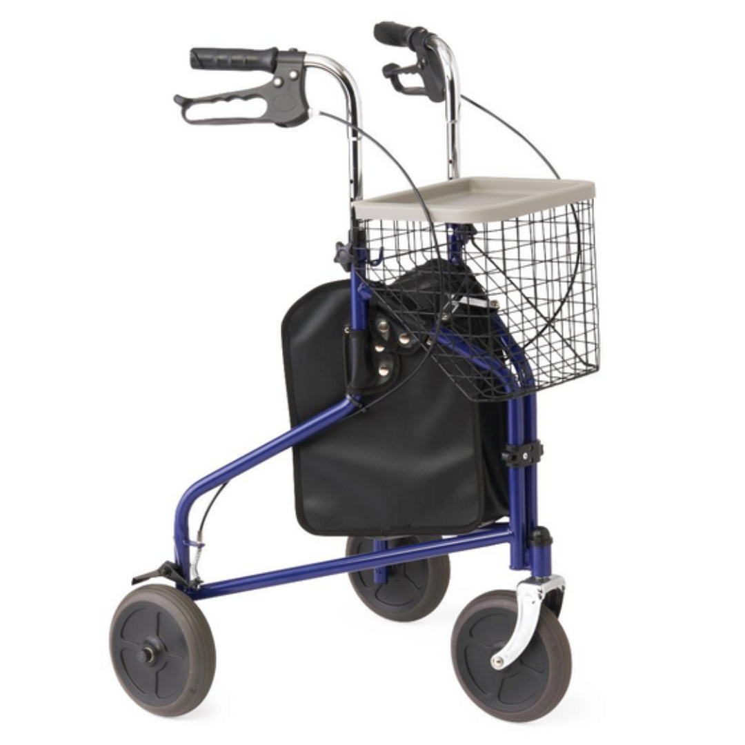 The Medline 3-Wheel Steel Rollators are lightweight and foldable, featuring a blue frame with a front basket, black handles with brakes, a black storage pouch, and large all-terrain wheels for smooth movement.